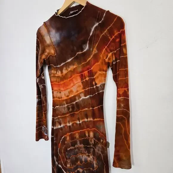 Le Lis Earthy Hippie Festival Boho Tie-Dye Ribbed Front Slits Body Con Midi S/M - Picture 2 of 12
